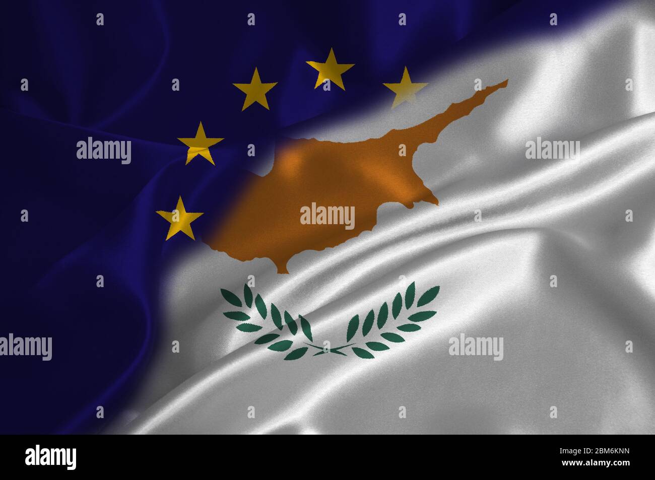 EU flag and Cyprus flag on satin texture. Stock Photo