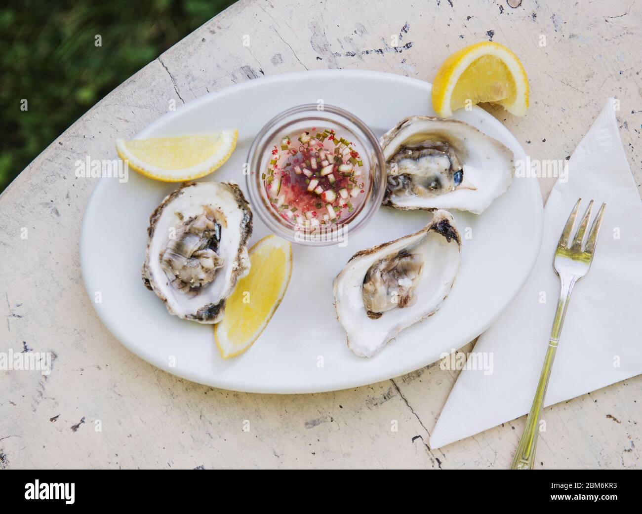 Oysters with sauce and lemon Stock Photo Alamy