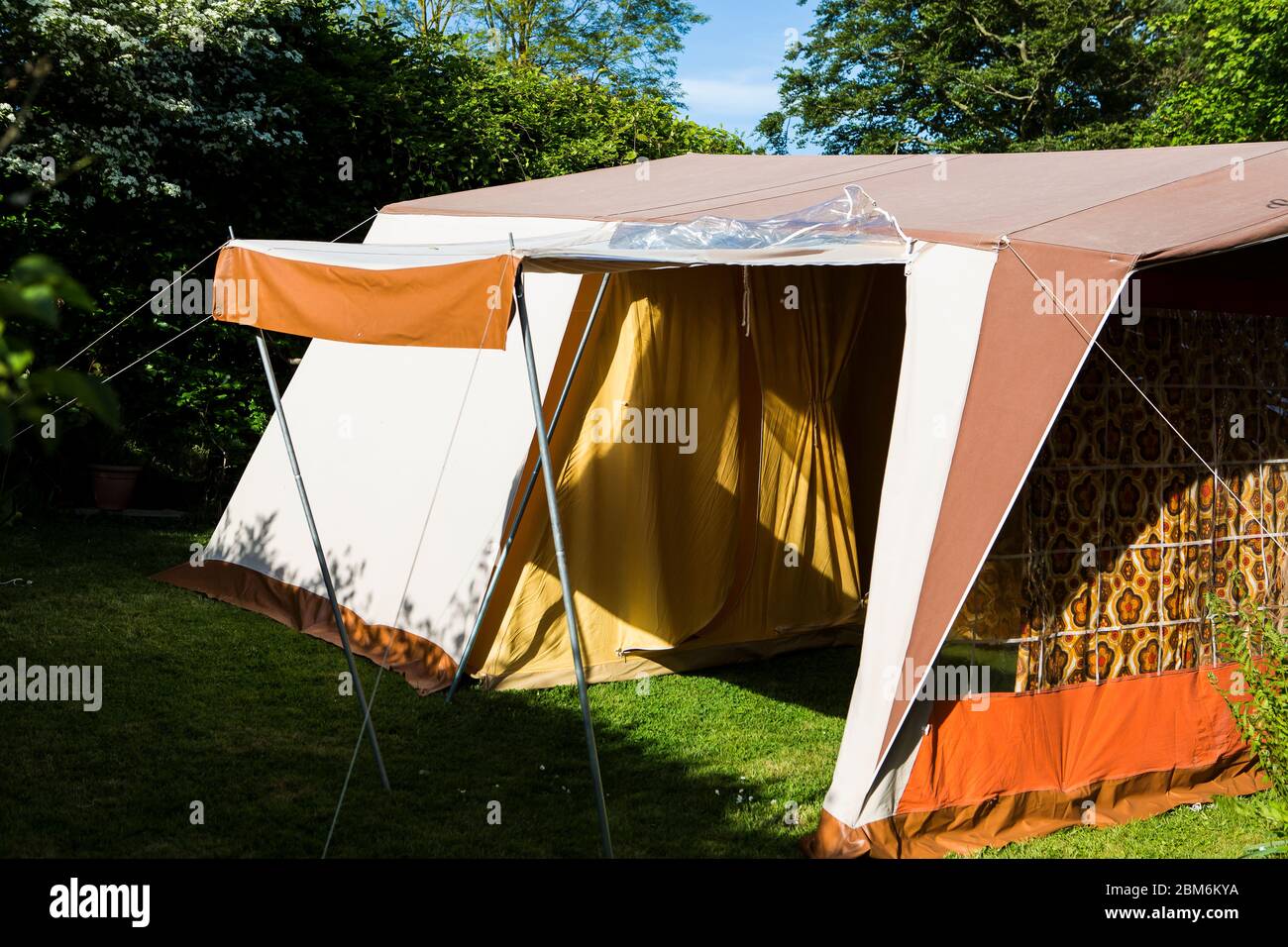 Original French 70's Raclet frame tent, 6 berth family camping with classic retro style for family camping and summer holidays, Kent, UK Stock Photo