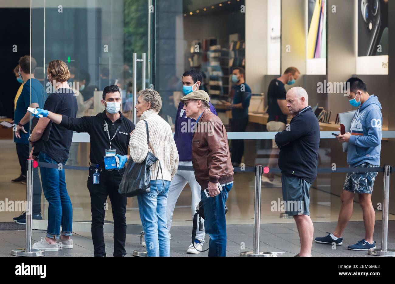 Sydney, Australia. Thursday 7th May 2020. The Apple Store at Bondi Junction in Sydney's eastern suburbs opens as well as all the other Apple stores across Australia as the coronavirus lockdown restrictions ease. Apple has added additional safety procedures including temperature checks and social distancing. Credit Paul Lovelace/Alamy Live News Stock Photo
