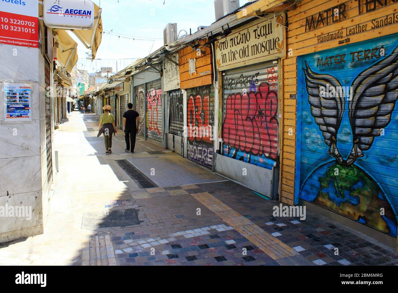 Athens, Greece, May 6 2020 - Closed shops in Monastiraki district during the Coronavirus lockdown. Stock Photo