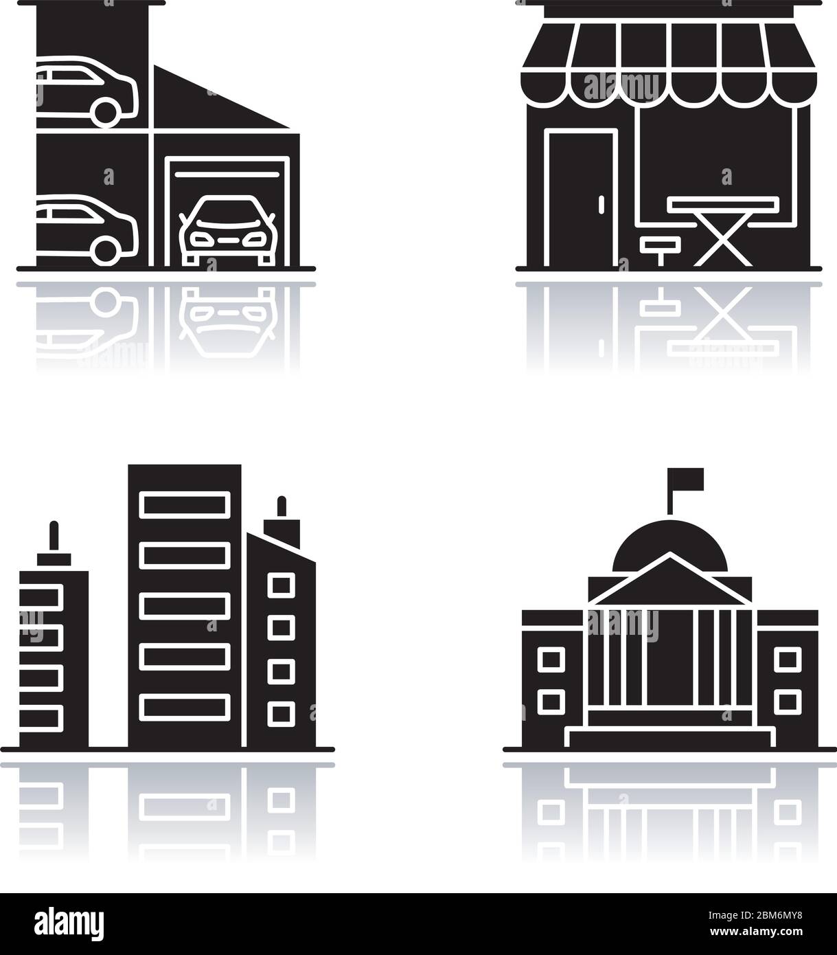 Industrial buildings drop shadow black glyph icons set Stock Vector ...