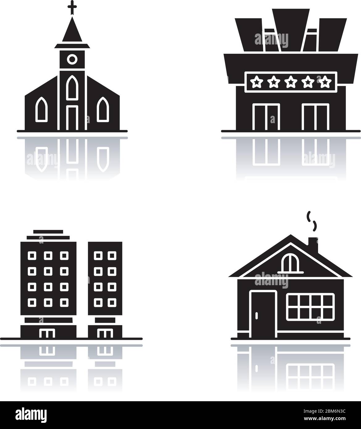 Urban buildings drop shadow black glyph icons set Stock Vector Image ...