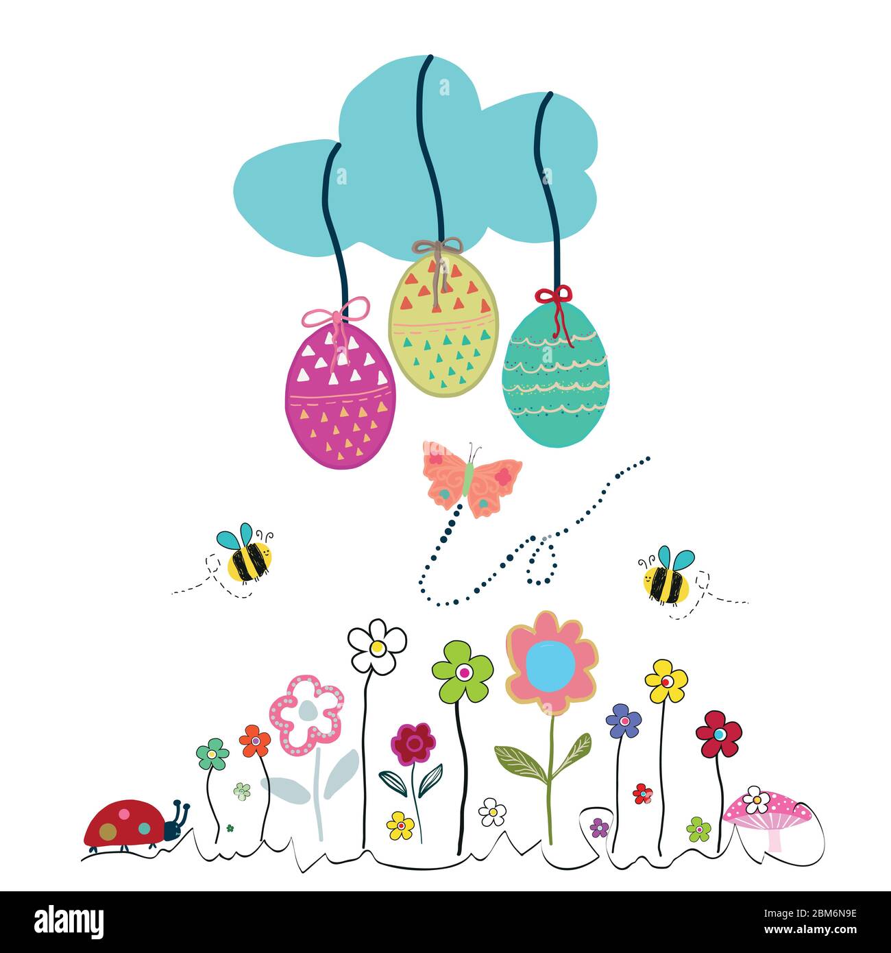 Colorful easter meadow with egg, flowers. Easter and spring time vector background.eps Stock Vector