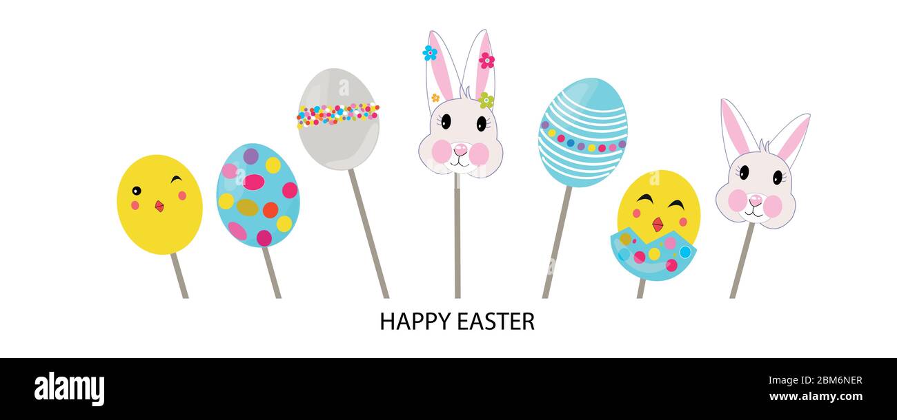 Cute colorful bunny, easter eggs banner design. Happy easter greeting ...