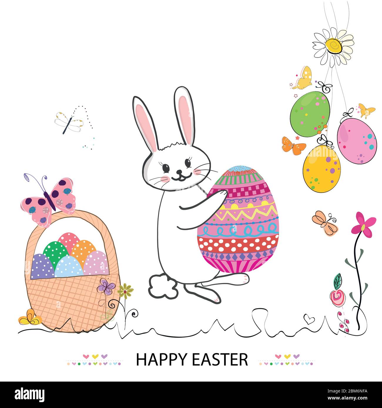 Bunny carrying an easter egg. Colorful Happy Easter greeting card with cute bunny, flowers and hanging eggs vector background.eps Stock Vector