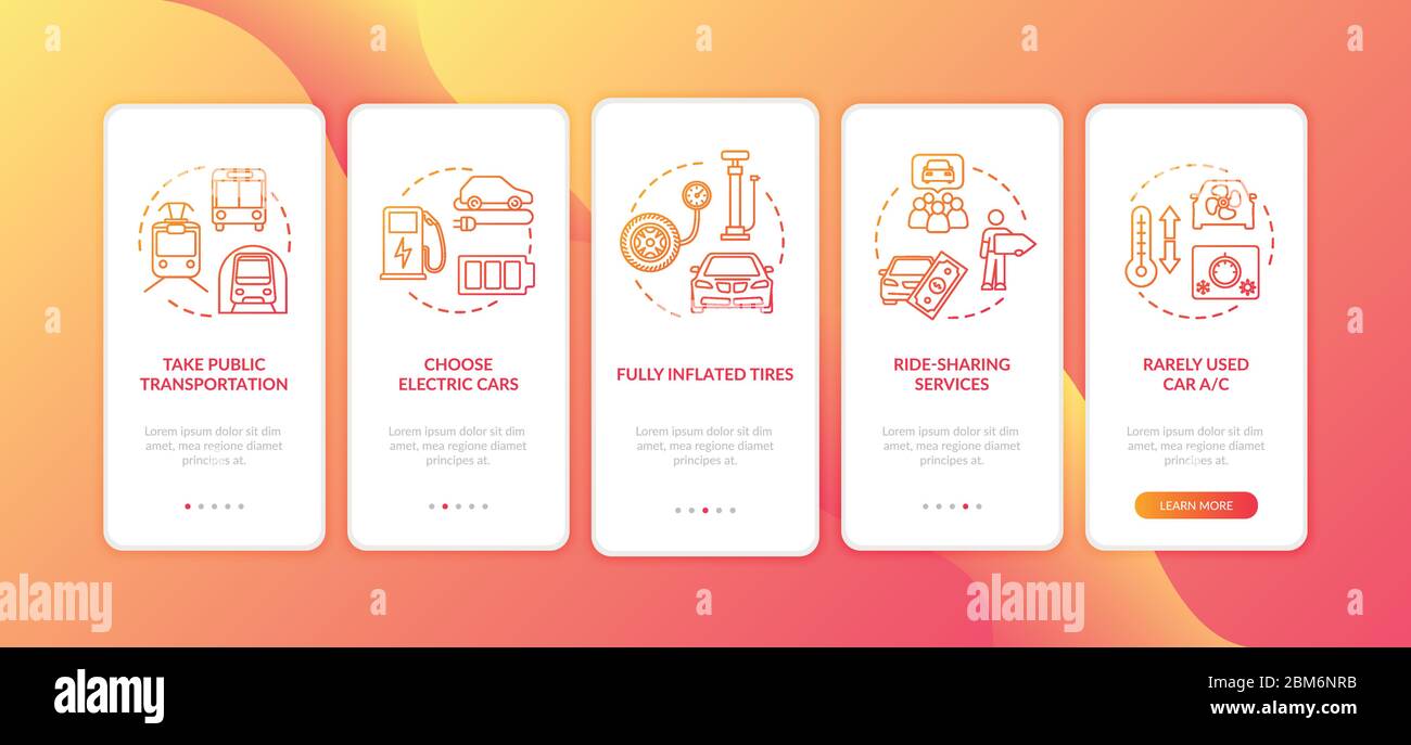 Fuel saving tips onboarding mobile app page screen with concepts Stock Vector