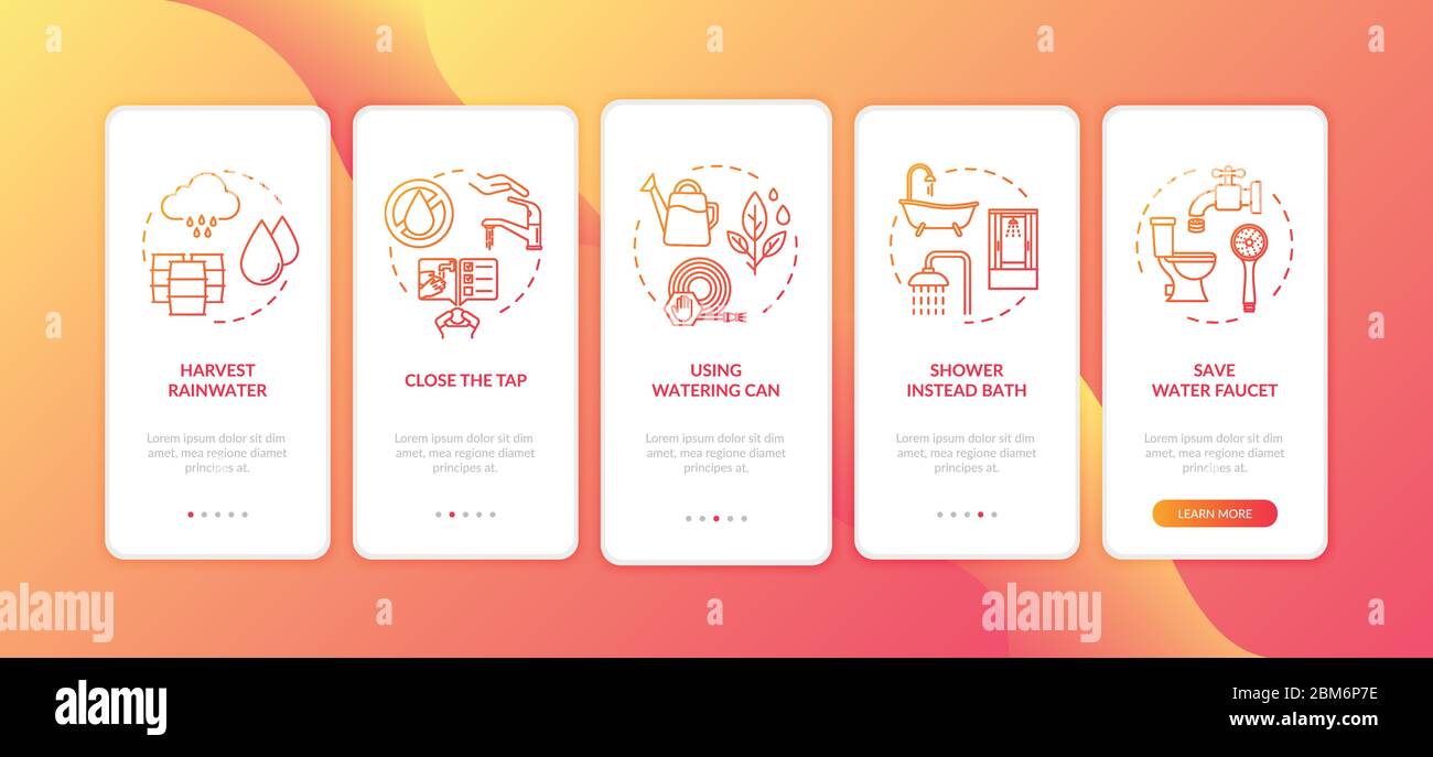 Water saving tips onboarding mobile app page screen with concepts Stock Vector