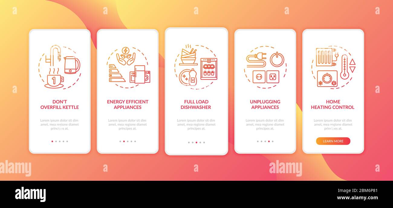 Energy efficiency onboarding mobile app page screen with concepts Stock Vector