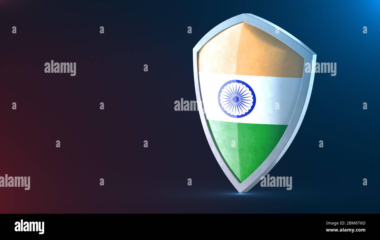 Protection shield and safeguard concept. Shiny steel armor painted as national flag of India. Safety badge icon. Privacy banner. Security label Stock Photo