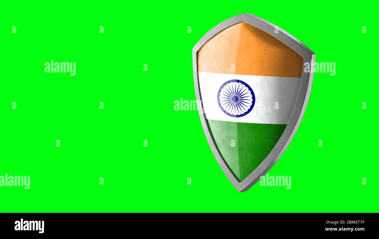 Protection shield and safeguard concept. Shiny steel armor painted as national flag of India. Safety badge icon. Privacy banner. Security label Stock Photo