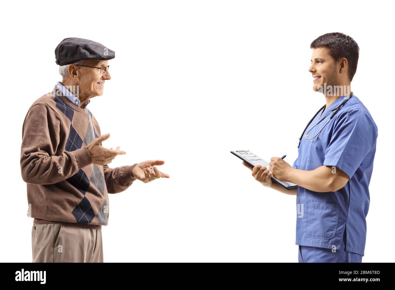 Male doctor and mature patient having a conversation isolated on white ...