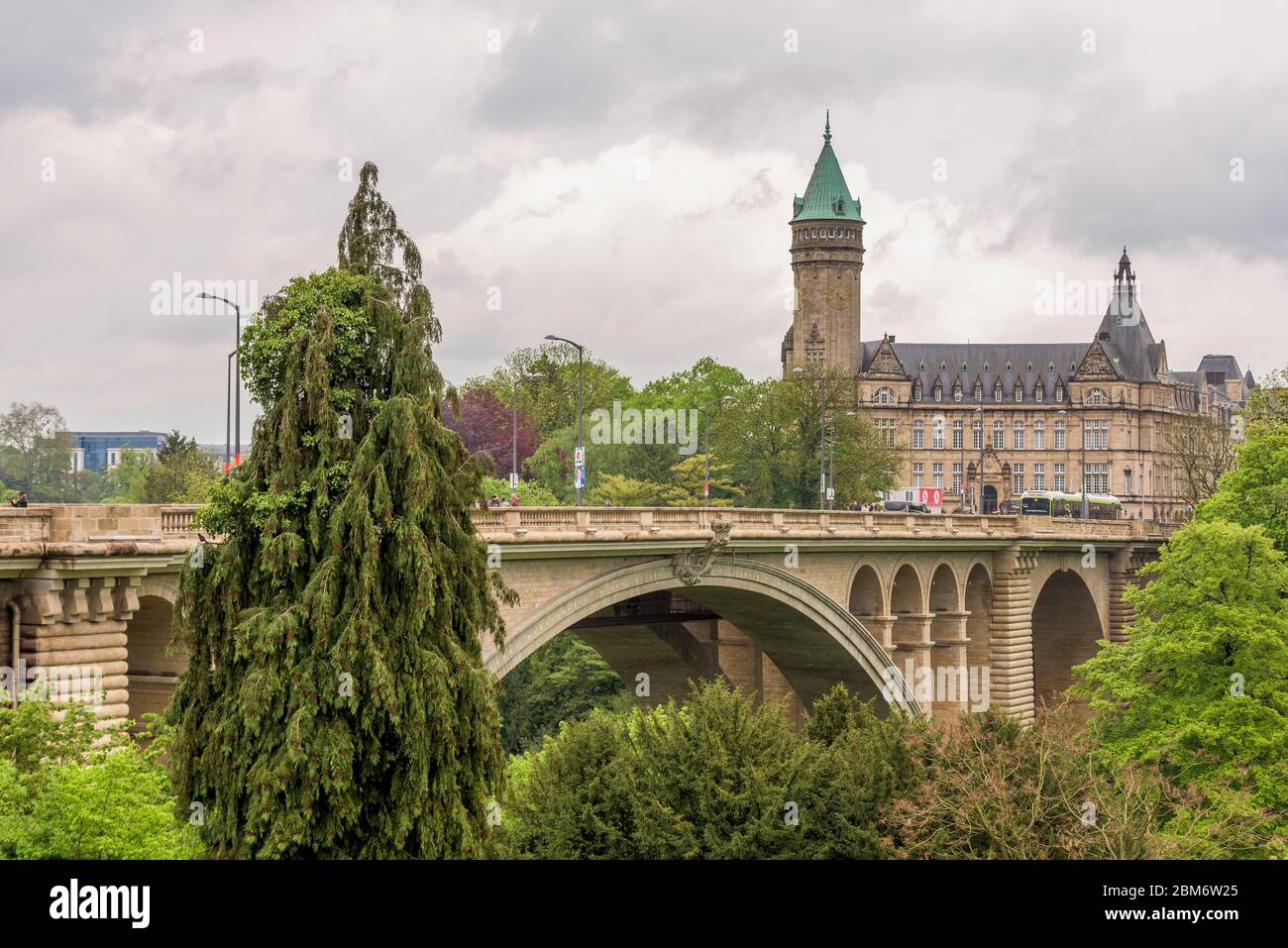 Adolphe bridge, double decked bridge for cars pedestrians and cycles above the Parcs de la Pétrusse, from old town to station district. Luxembourg. Stock Photo