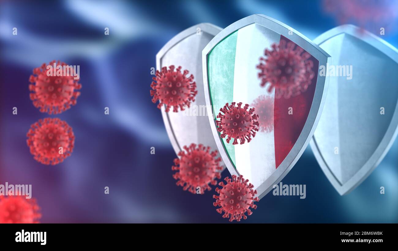 Security shield as virus protection concept. Coronavirus Sars-Cov-2 barrier. Steel shield painted as Italian national flag, defend against COVID-19 Stock Photo