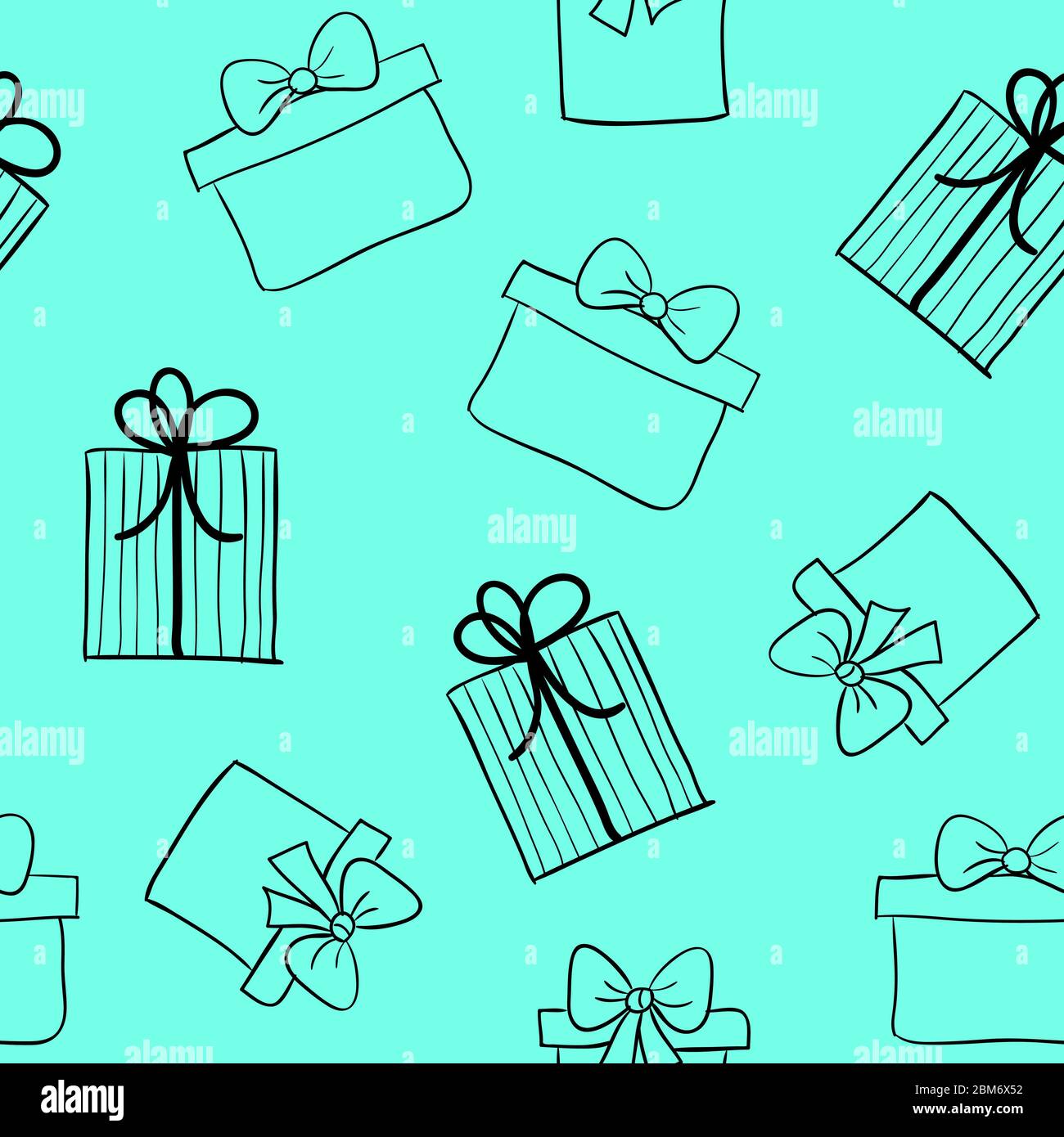 Hand drawn gift boxes seamless pattern. Vector turquoise background with sketch presents Stock Vector