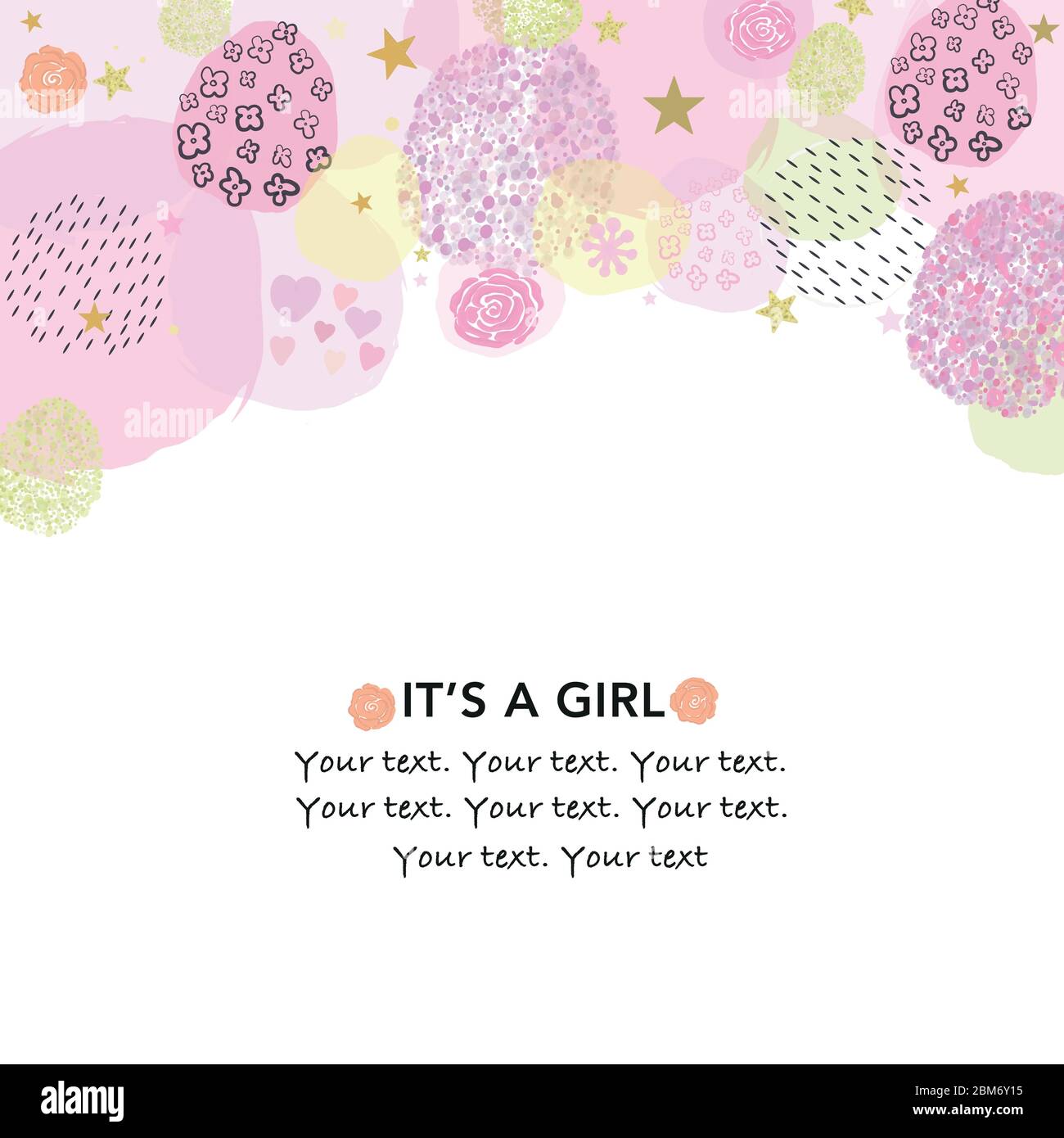 It's a girl. Baby shower greeting card with square, stars, hearts and ...