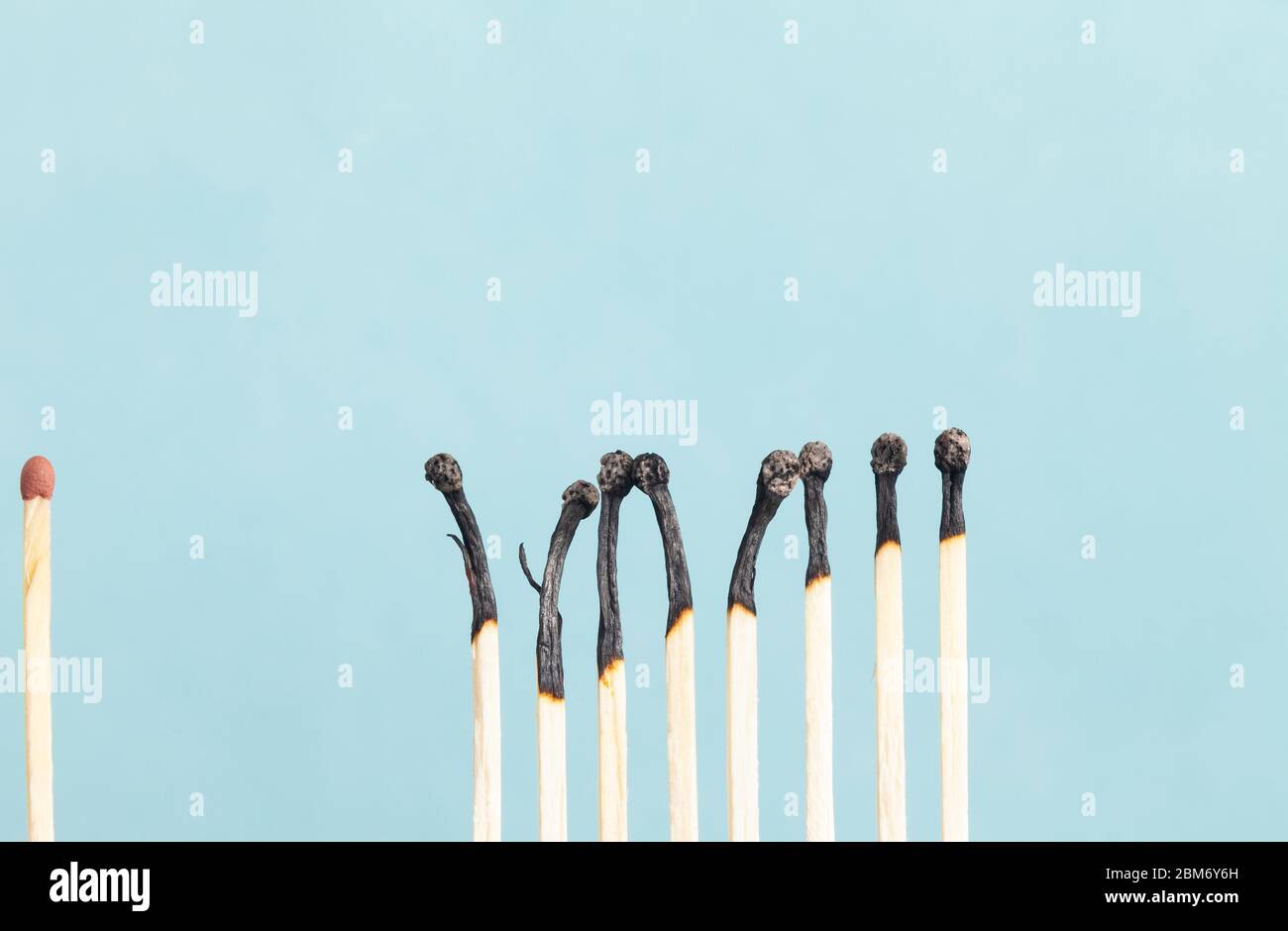 Eight burnt matchsticks with a single new unused match Stock Photo