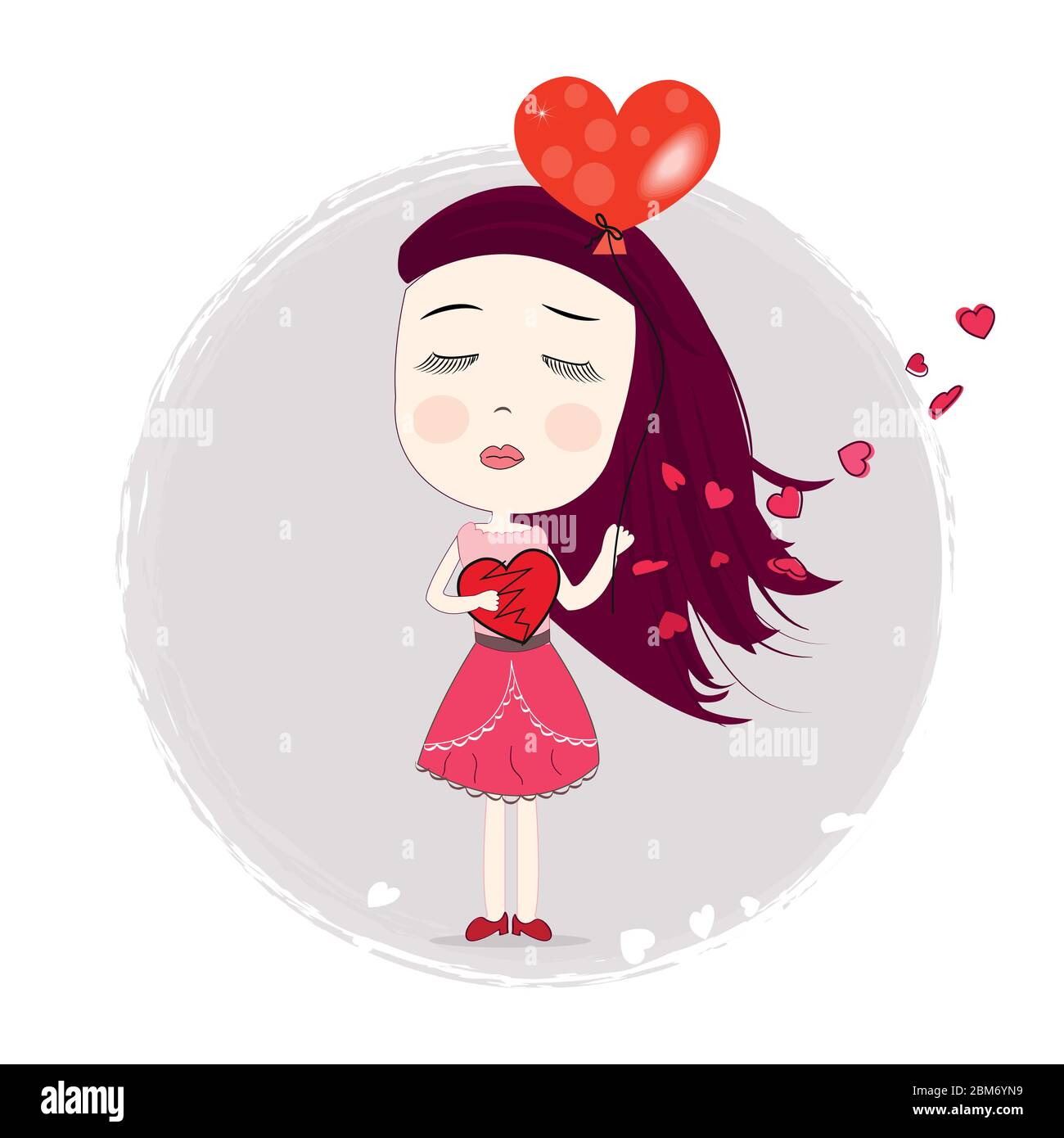 Holding broken heart and balloon sadness girl art print, valentine's ...