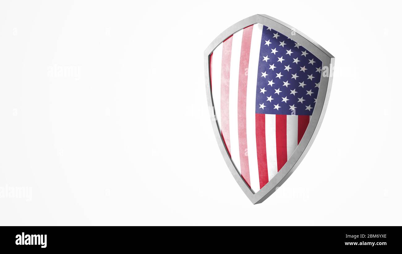 Protection shield and safeguard concept. Shiny steel armor painted as American national flag. Safety badge icon. Privacy banner. Security label Stock Photo