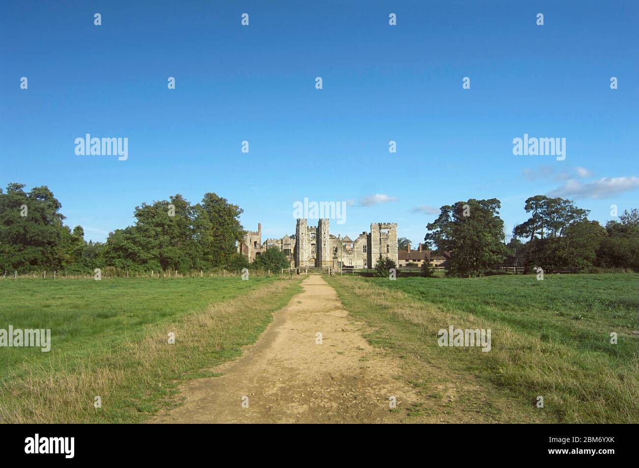 Cowdray Castle, Midhurst, Romantic Ruin, with the old road leading up to Cowdray Castle Keep, Midhurst, UK Stock Photo