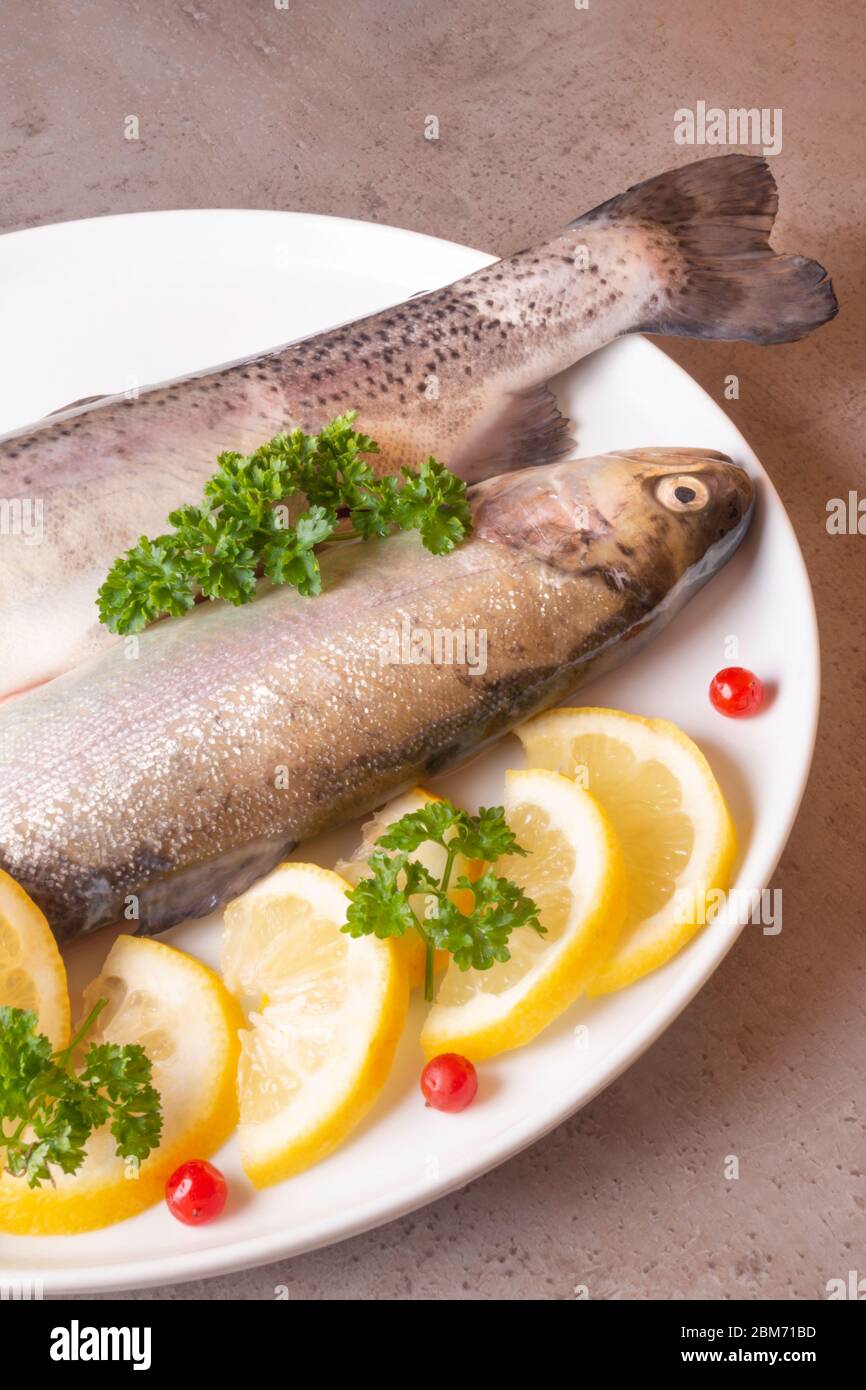 Fresh trout fish with lemon parsley cranberries. Healthy food rich in omega and protein. Cooking concept, raw uncooked fish in plate Stock Photo