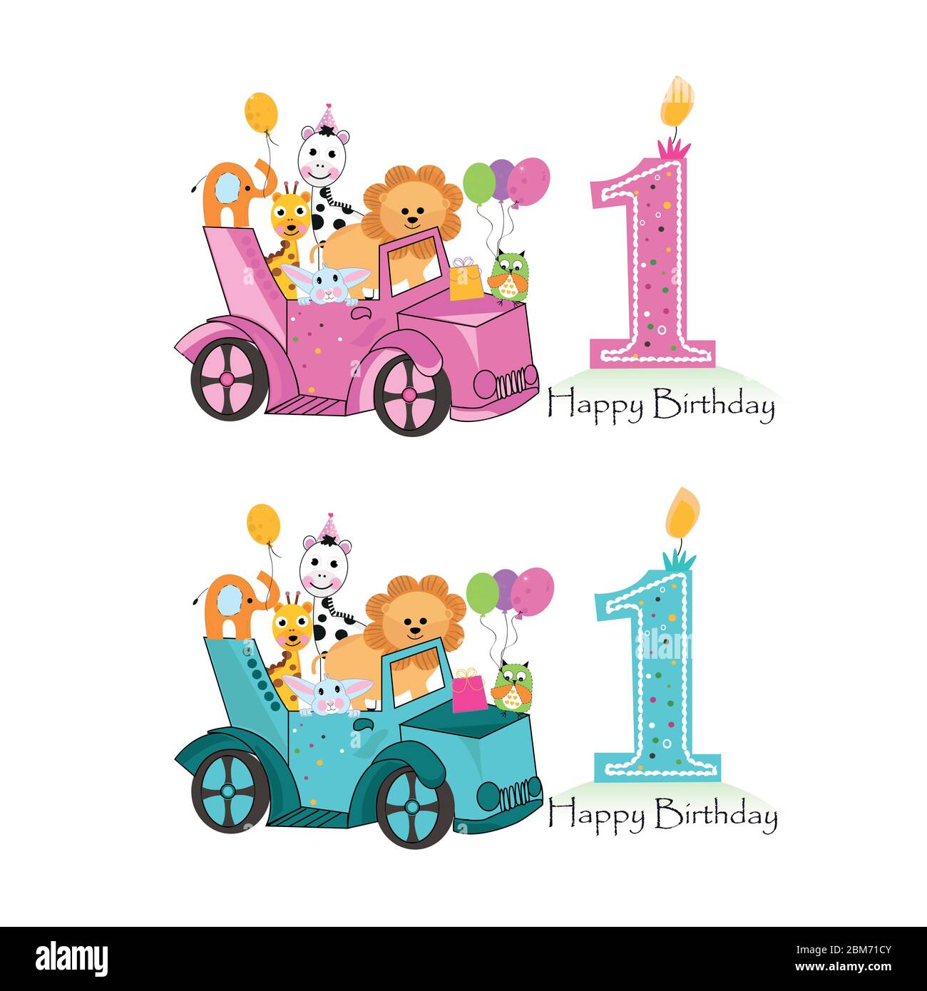 First birthday car with animals background. Pink car. Baby Girl. Birthday  card Stock Vector Image & Art - Alamy
