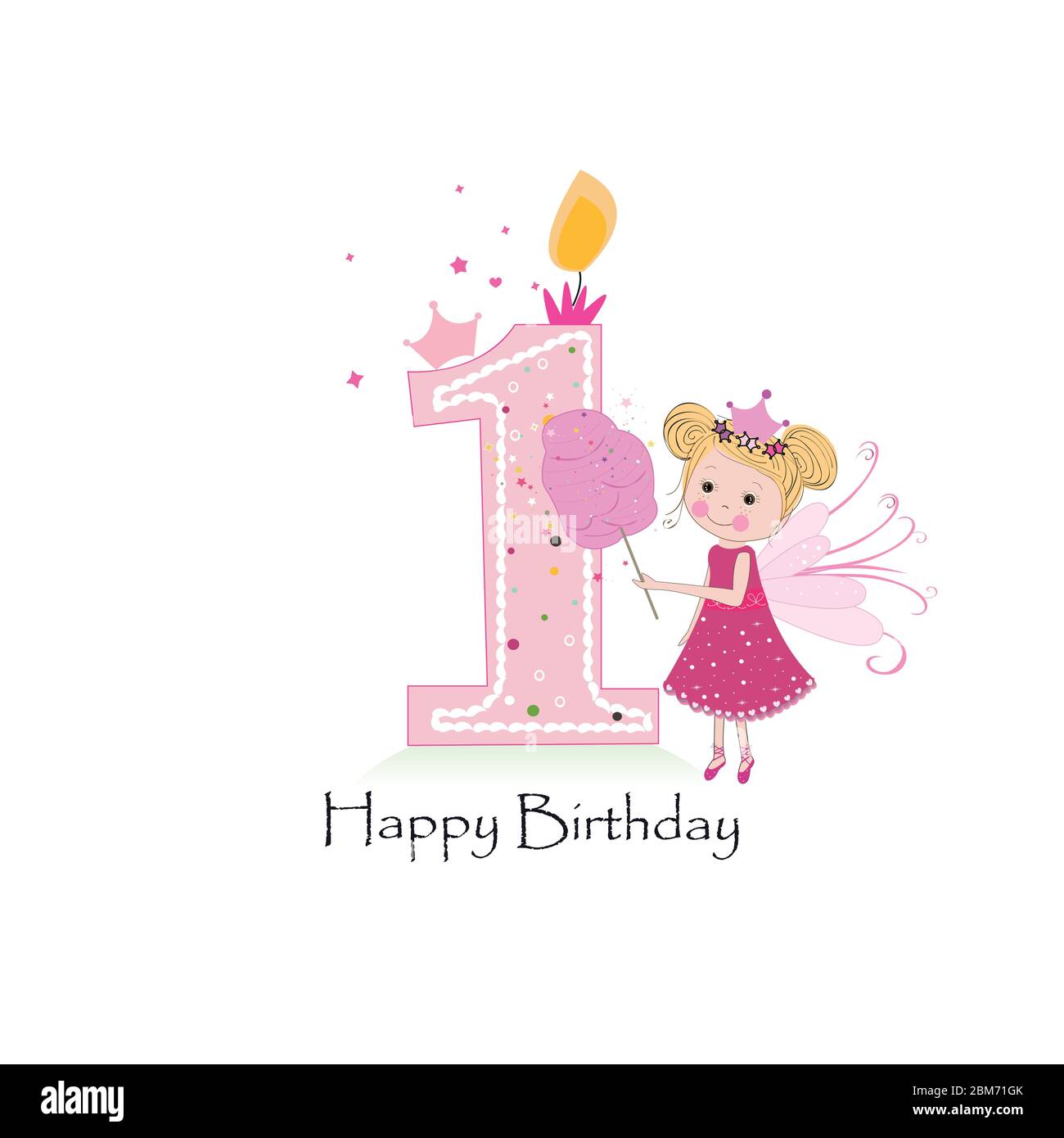 Happy first birthday candle. Baby girl greeting card with Cute ...