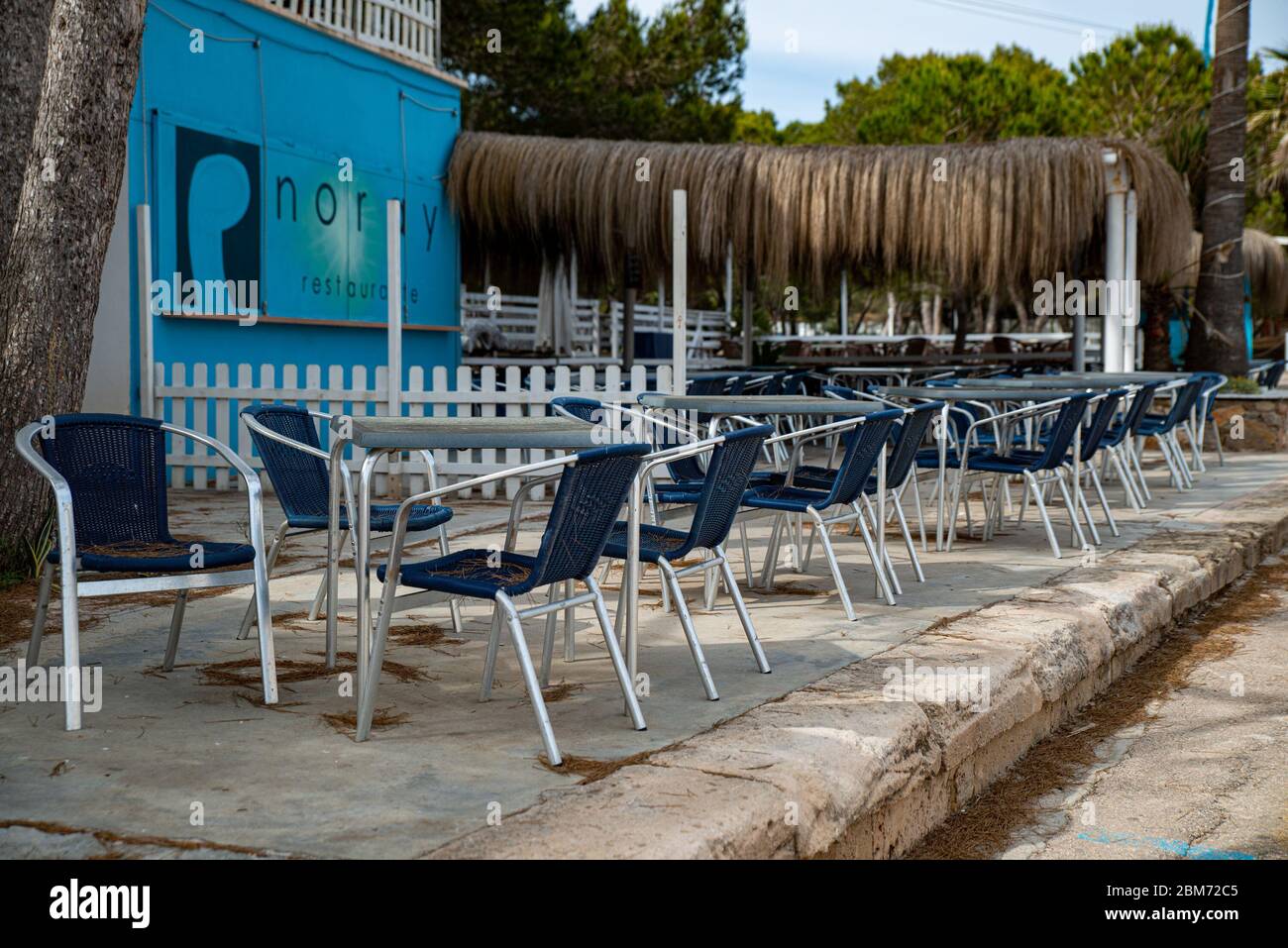 Palma De Mallorca, Spain. 06th May, 2020. PALMA DE MALLORCA, SPAIN - MAY 6 2020 : Restaurant close to the beach of Estrenc, ready for Holiday Makers but closed due to Covid 19 rules at Mallorca at - Mallorca during Corona Lock down on May 6, 2020 in Palma de Mallorca, . (Photo by Thomas Reiner/ESPA-Images) Credit: European Sports Photo Agency/Alamy Live News Stock Photo