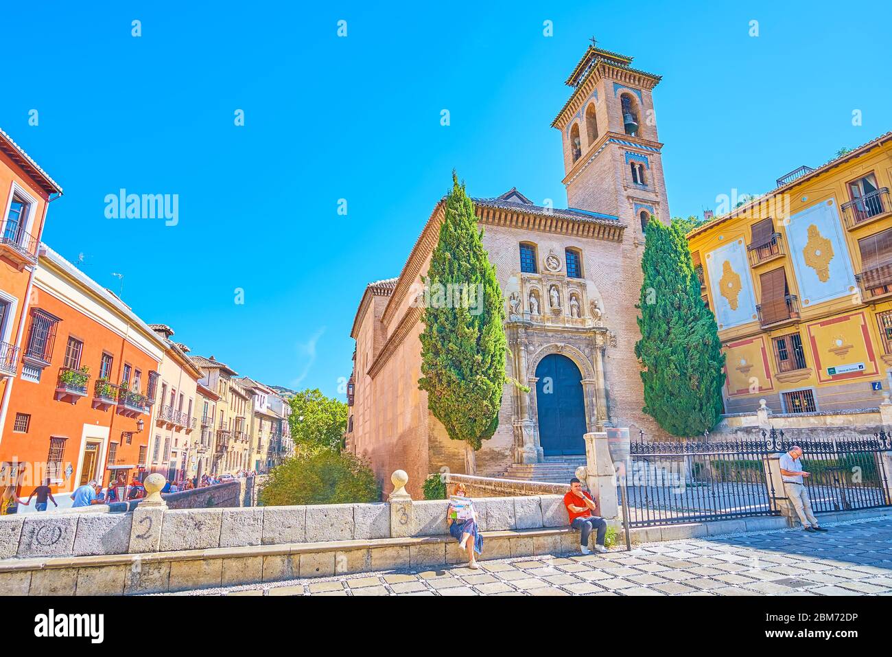 GRANADA, SPAIN - SEPTEMBER 25, 2019: The facade of medieval San Gil and Santa Ana church, located in Plaza Santa Ana square of historic Arabic Albaici Stock Photo