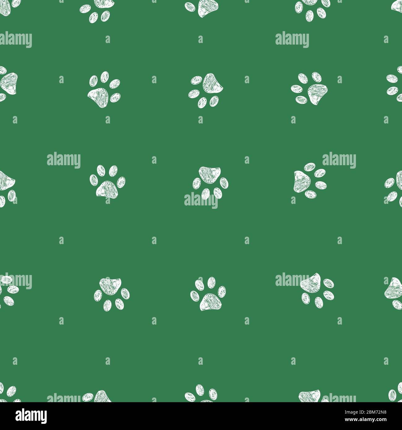 White doodle paw prints with green background seamless pattern Stock ...