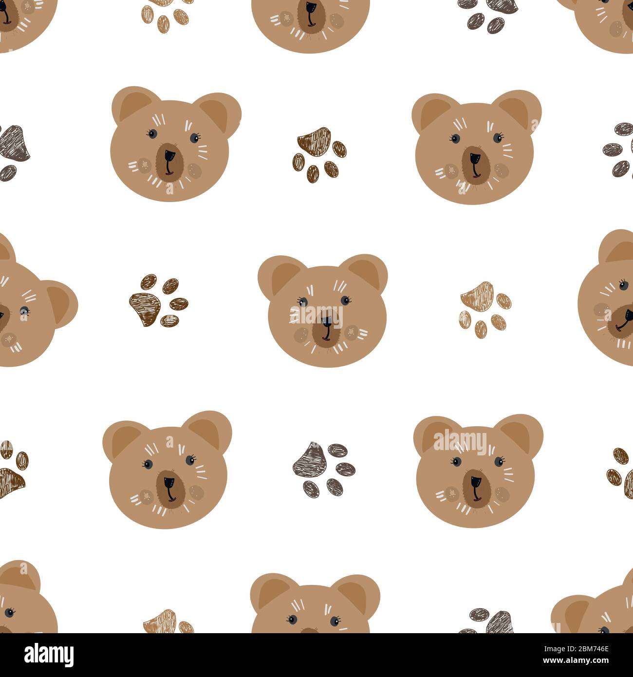Brown doodle paw print and teddy bear pattern. Seamless pattern for