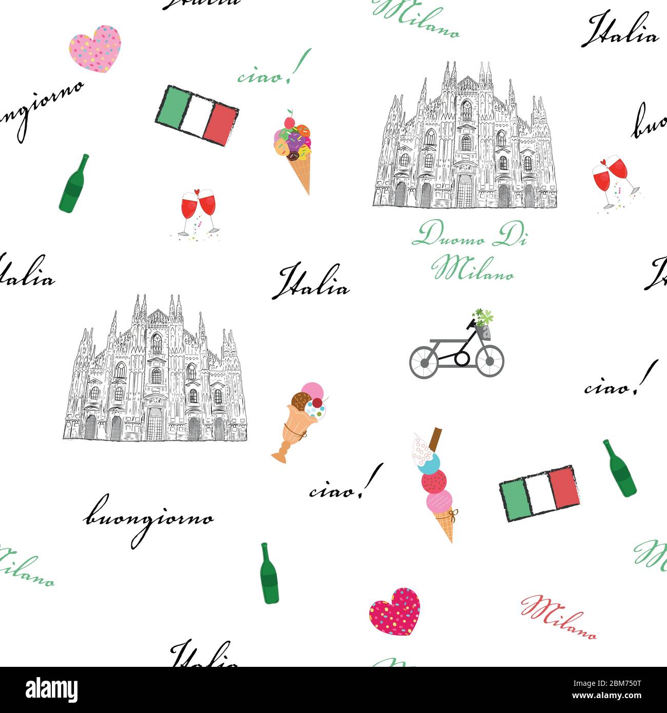 Milan, Italy seamless pattern with hand drawn sketch elements Duomo cathedral, flag, traditional food textile pattern Stock Vector