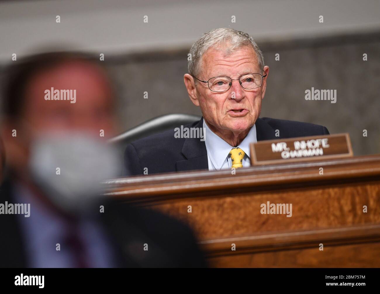 United States Senator James Inhofe (Republican of Oklahoma), chairman, US Senate Armed Services Committee,, during a hearing on Capitol Hill in Washington, DC on Thursday, May 7, 2020. Kenneth Braithwaite, nominated to be Secretary of the Navy; James Anderson, nominated to be Deputy Under Secretary Of Defense For Policy; and Gen. Charles Q. Brown, Jr., nominated for reappointment as Chief Of Staff of the U.S. Air Force, are testifying.  Credit: Kevin Dietsch / Pool via CNP | usage worldwide Stock Photo