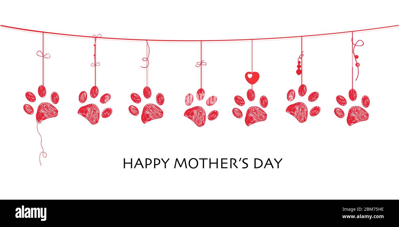 Happy Mother's day card with border design hanging red paw prints Stock ...