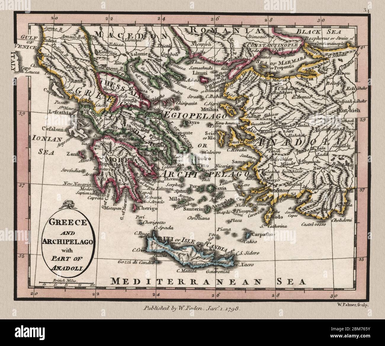 'Greece and Archipelago.' Detailed map shows Greece in 1804. The map shows mainland Greece, the archipelago in the Aegean Sea, and Anadoli, which is modern-day Turkey. This is a beautifully detailed historic map reproduction. Original from a British atlas published by famed cartographer William Faden. Stock Photo