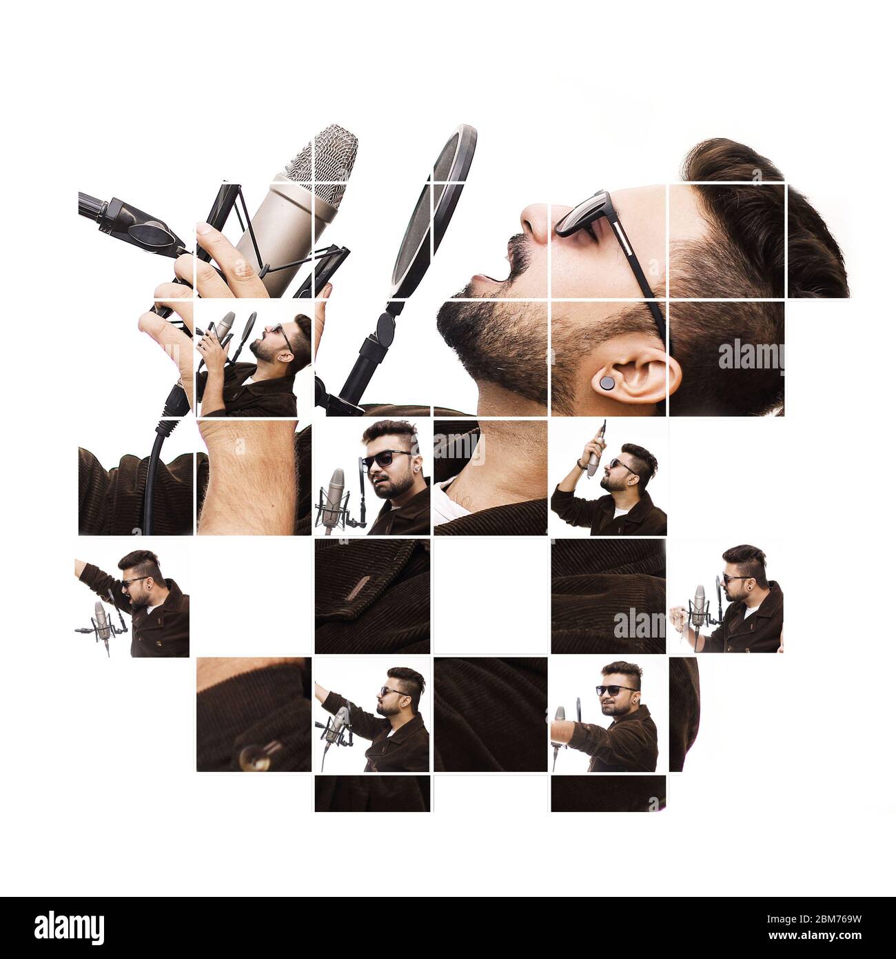 Creative Portrait Divided Into Boxes - Talented Singer wearing a brown coat and glasses singing a song Stock Photo