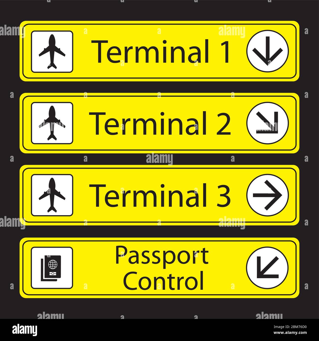 Yellow Airport Signs with monochromatic pictograms,isolated on black background,vector illustration. Stock Vector