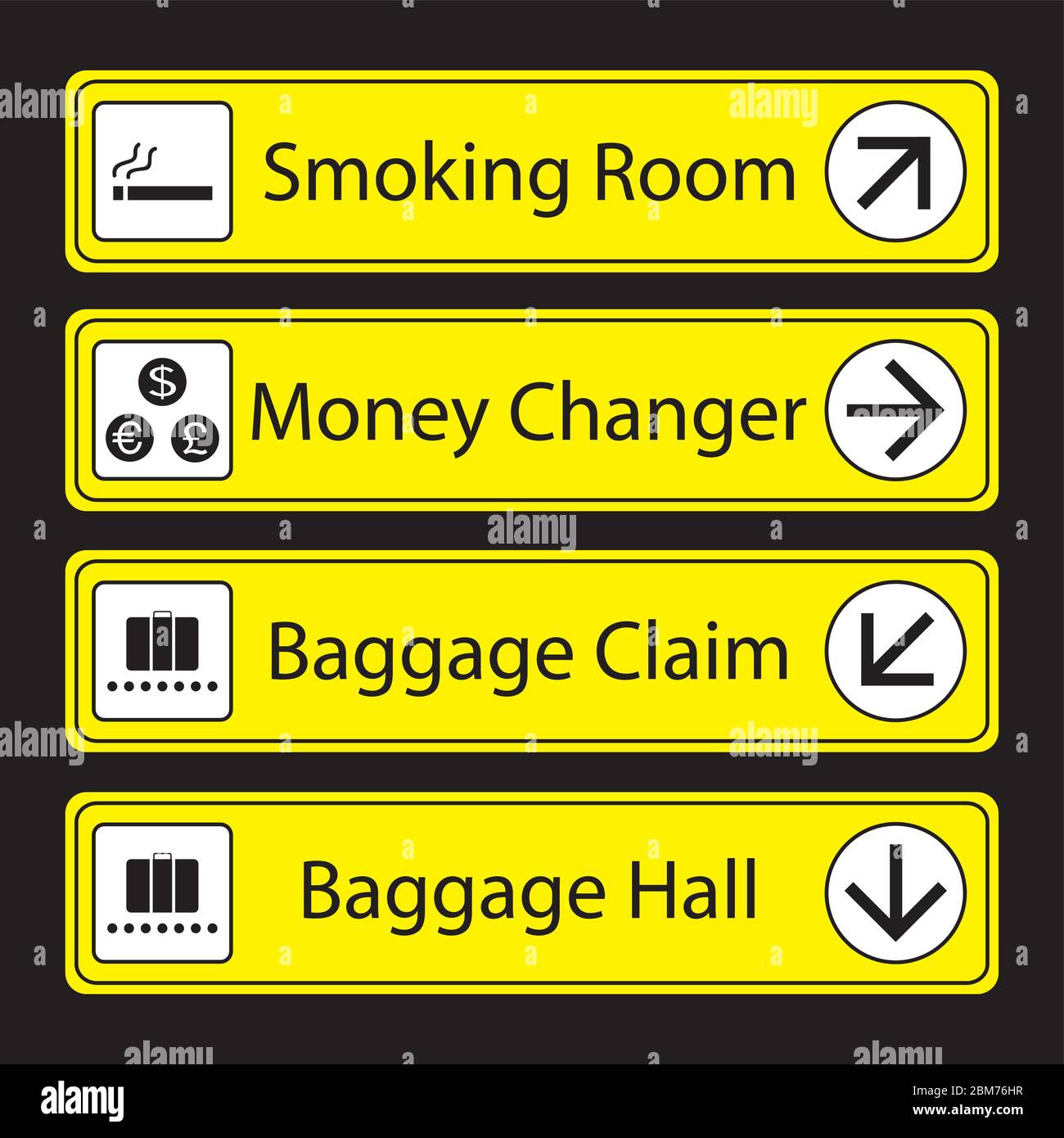 Yellow Airport Signs with monochromatic pictograms,isolated on black background,vector illustration. Stock Vector