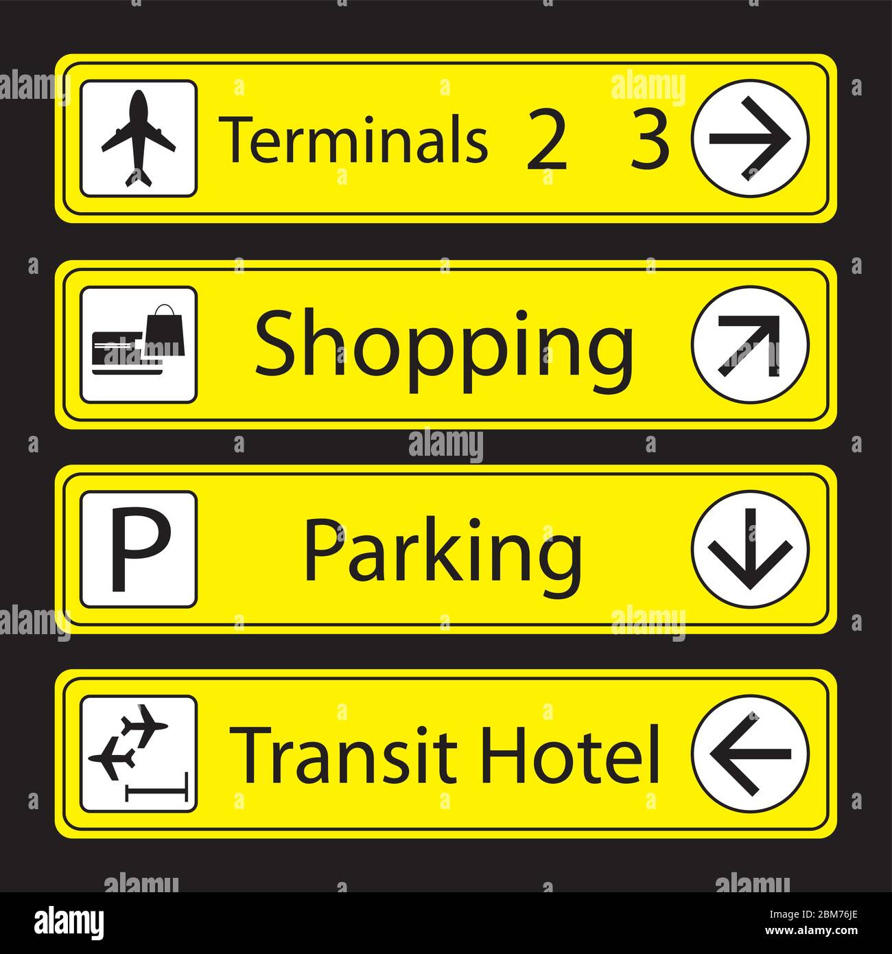 Set of Airport Signs with icons,monochromatic pictograms on yellow banners,vector illustration. Stock Vector
