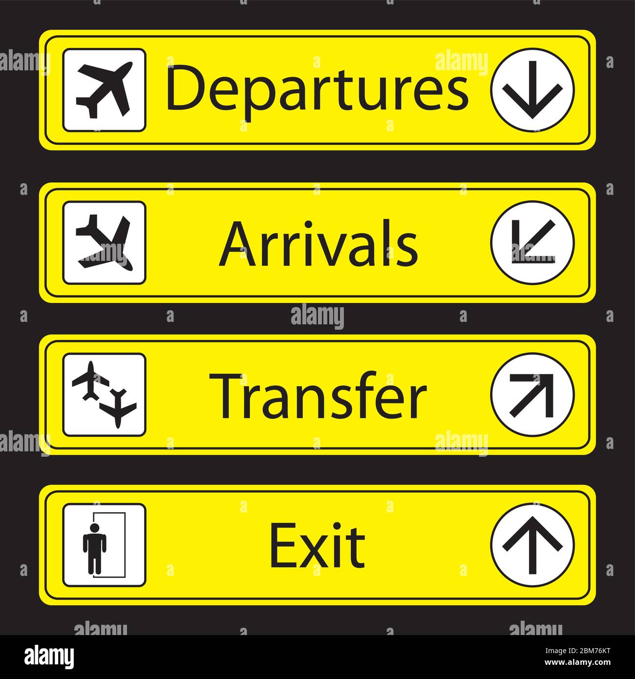 Yellow Airport Signs on black background,vector illustration. Stock Vector