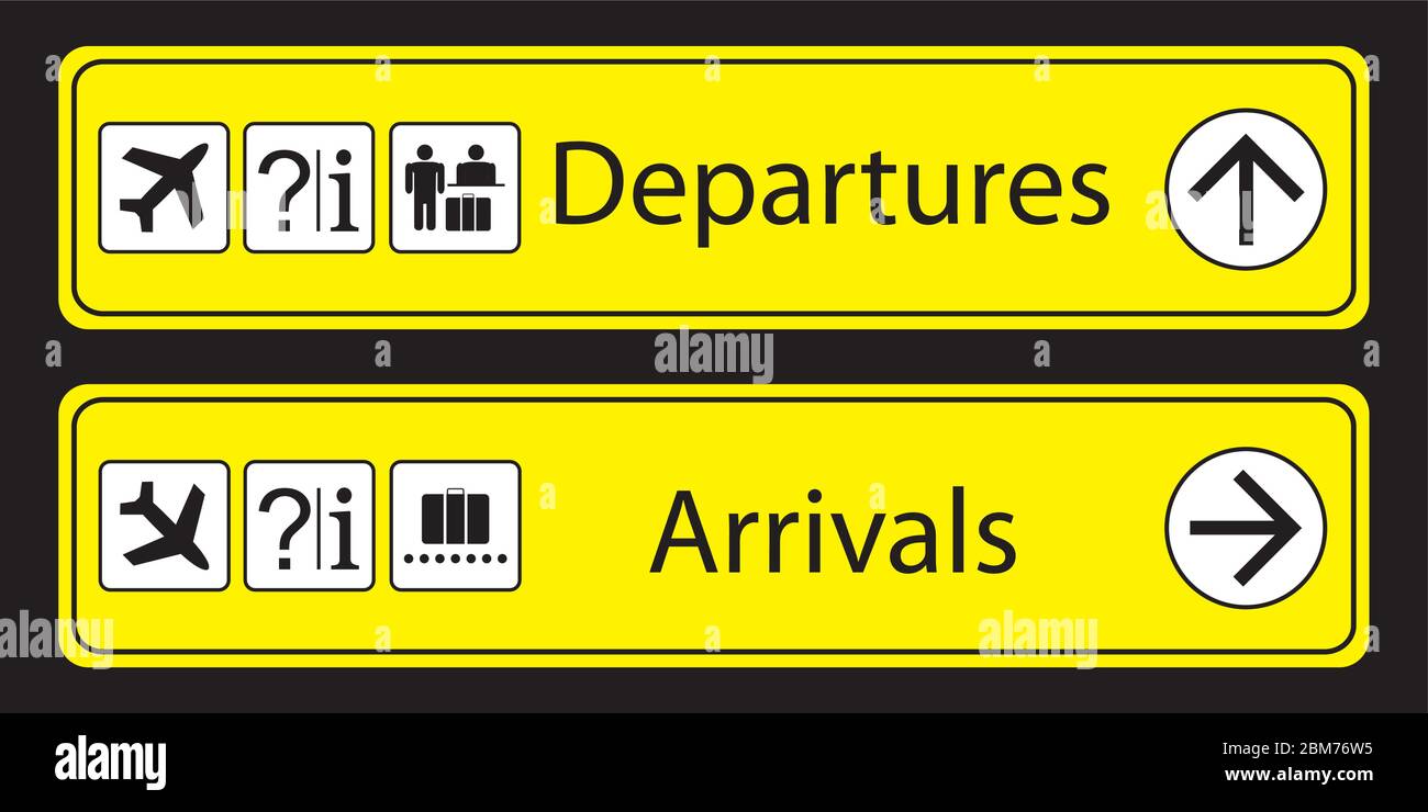 Yellow Airport Signs departures and arrivals with pictograms and arrows,isolated on black background,vector illustration. Stock Vector