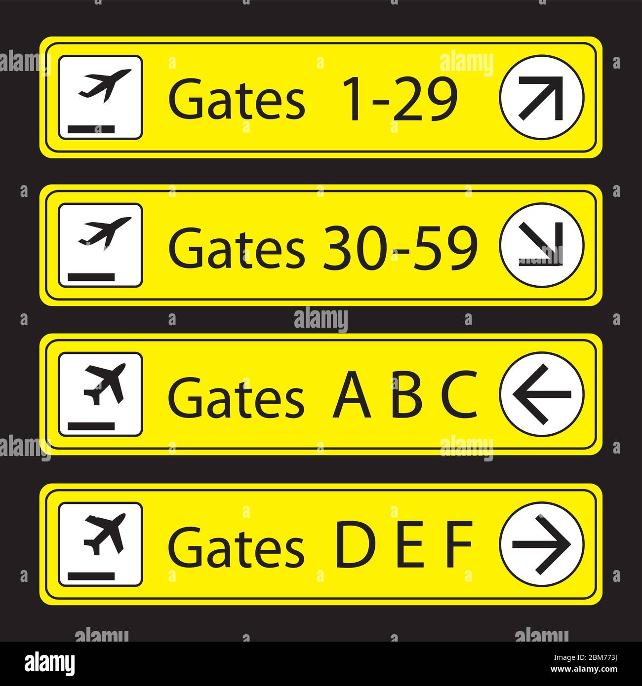 Airport Signs,gates numbers and letters, airport navigation template,isolated on black background,vector illustration. Stock Vector