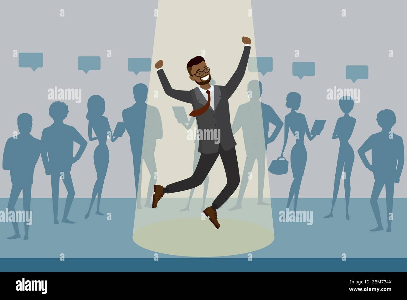 Cartoon afrian american job candidate won and jumps in spotlight, human resource recruitment concept,silhouettes of people on the background,flat vect Stock Vector