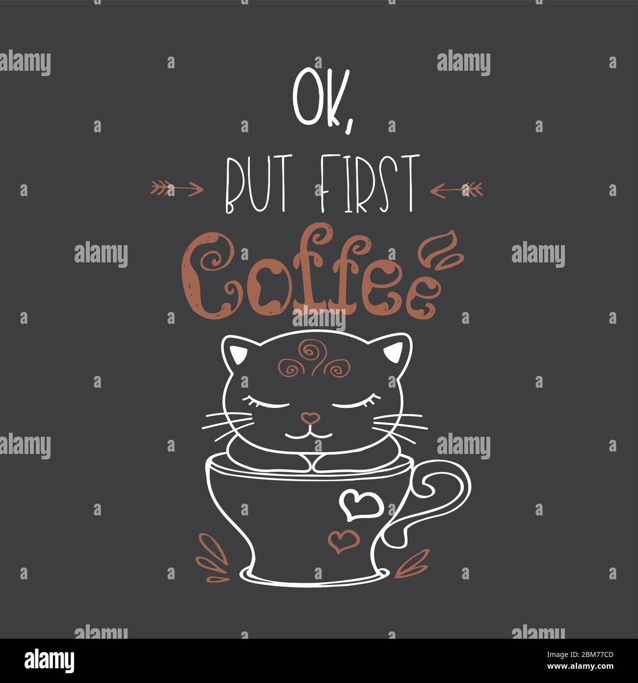 Funny cute kitten in coffee mug,lettering on background,vector ...