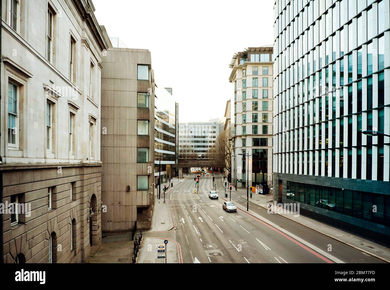 The deserted Upper Thames Street shot from King William Street. Day 7 of the lockdown, London Mar 2020 Stock Photo
