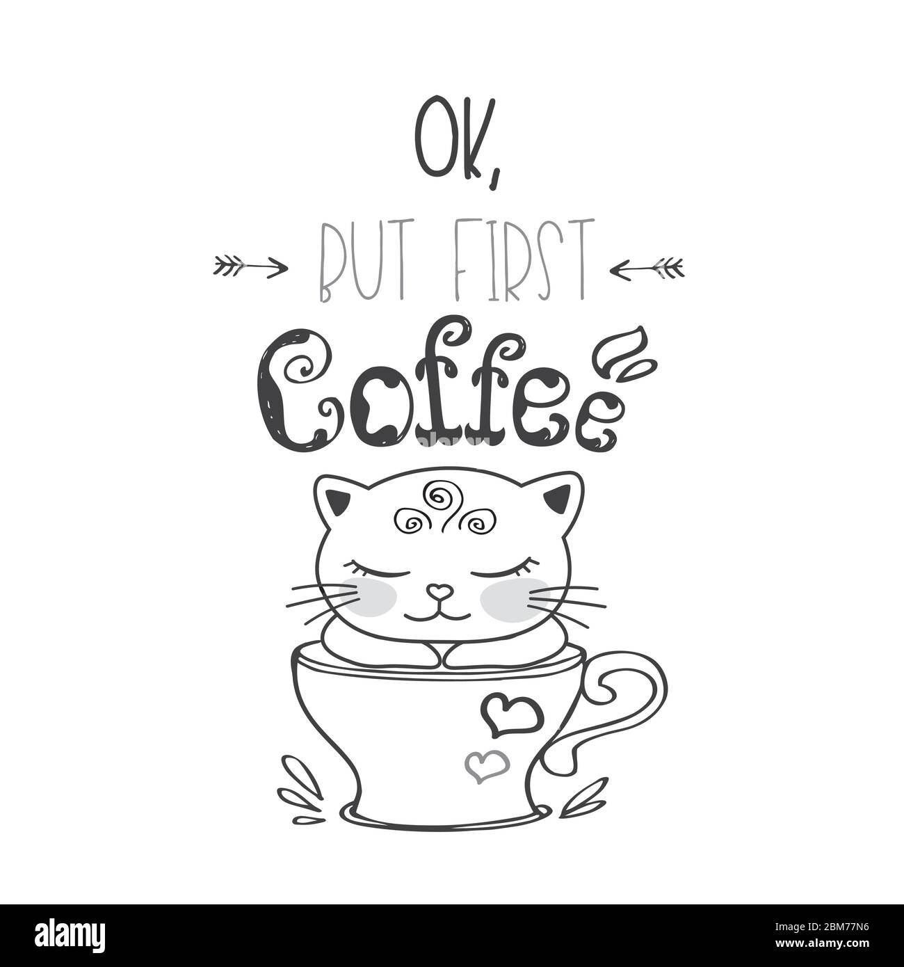 Funny cute kitten in coffee mug,lettering on background,vector ...
