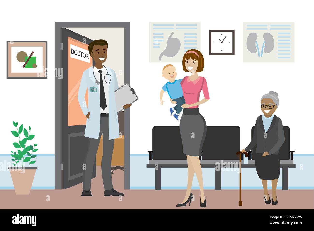 Cartoon people are waiting and talk,african american male doctor in front of the office,flat vector illustration Stock Vector
