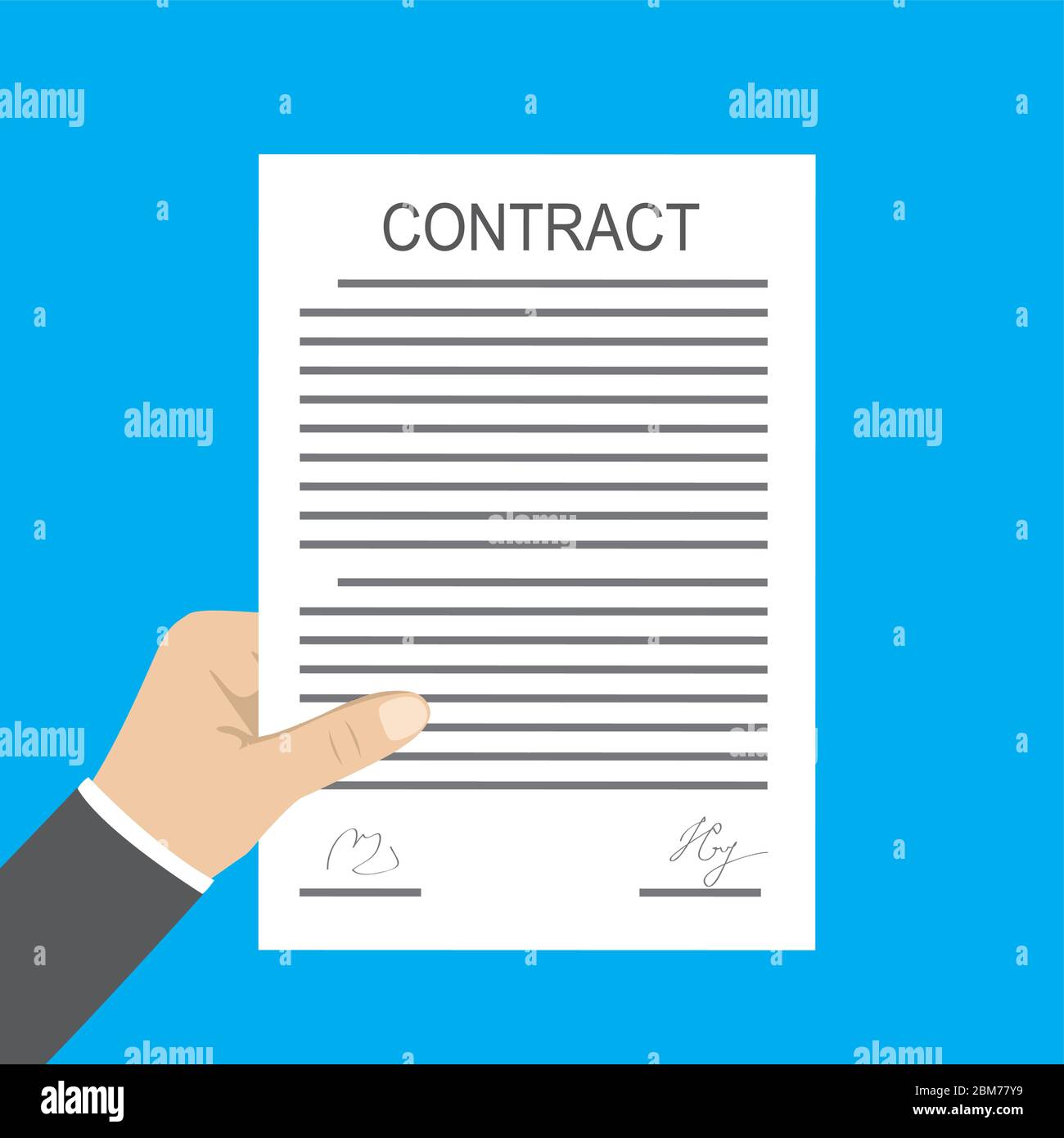 Hand holding contract document,isolated on blue background,flat vector ...