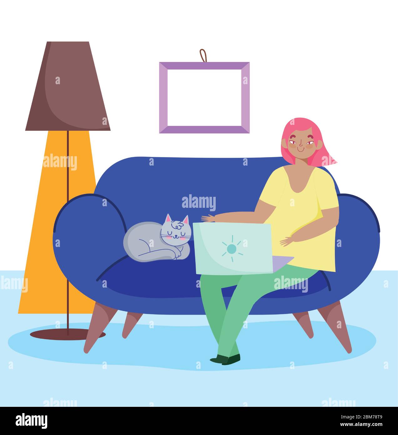 working remotely, young woman and cat with laptop on sofa, room with ...