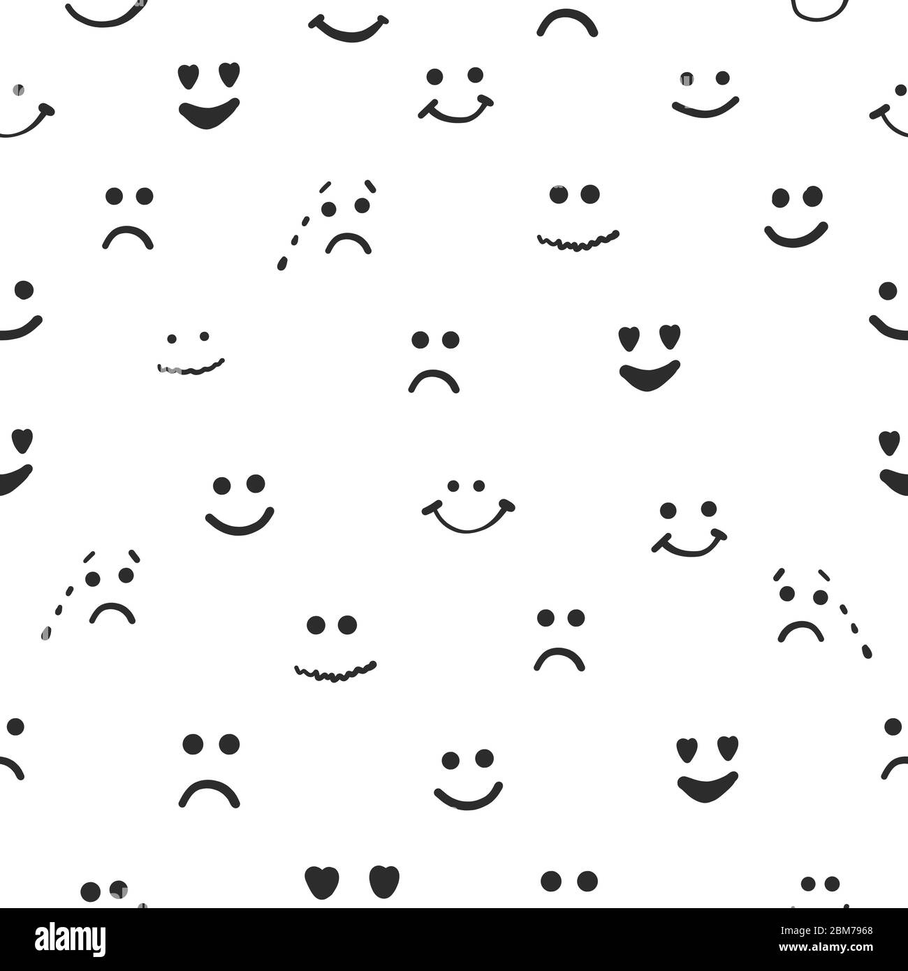 Sad face, happy face, smiley face, eyes heart face, crying face repeated pattern Stock Vector